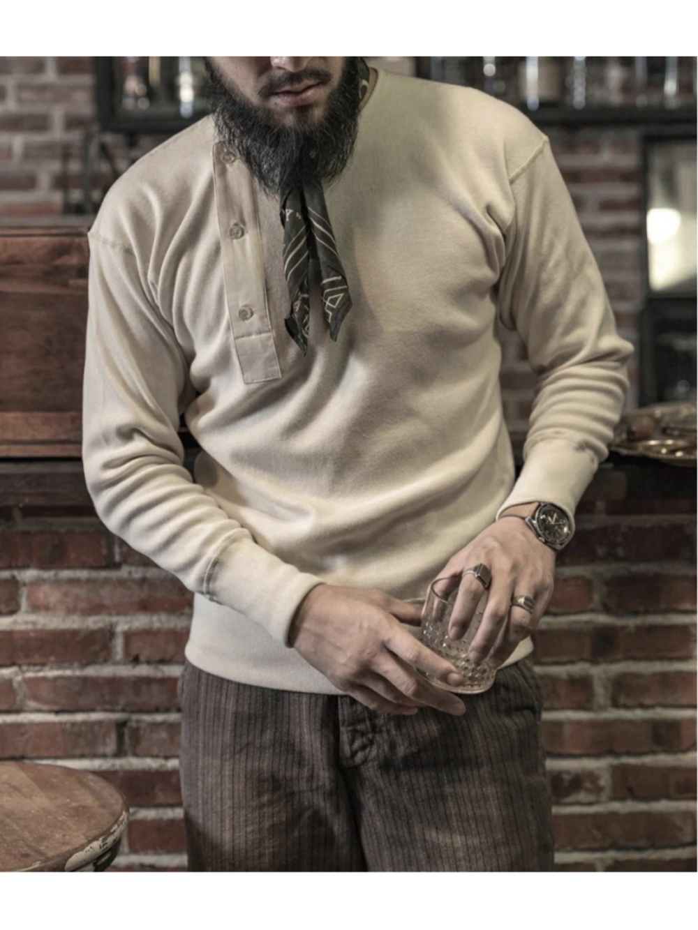 100% Cotton 14 oz Side Closing Henley Shirt Beige Bronson Mfg Co. Long Sleeve L